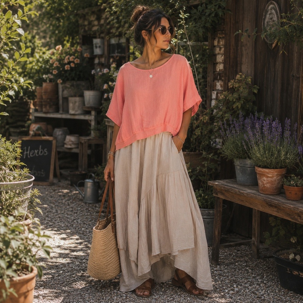 Tina Stephens Coral 100% Linen Oversized Dolman Top Made in Italy O/S Scoop Neck